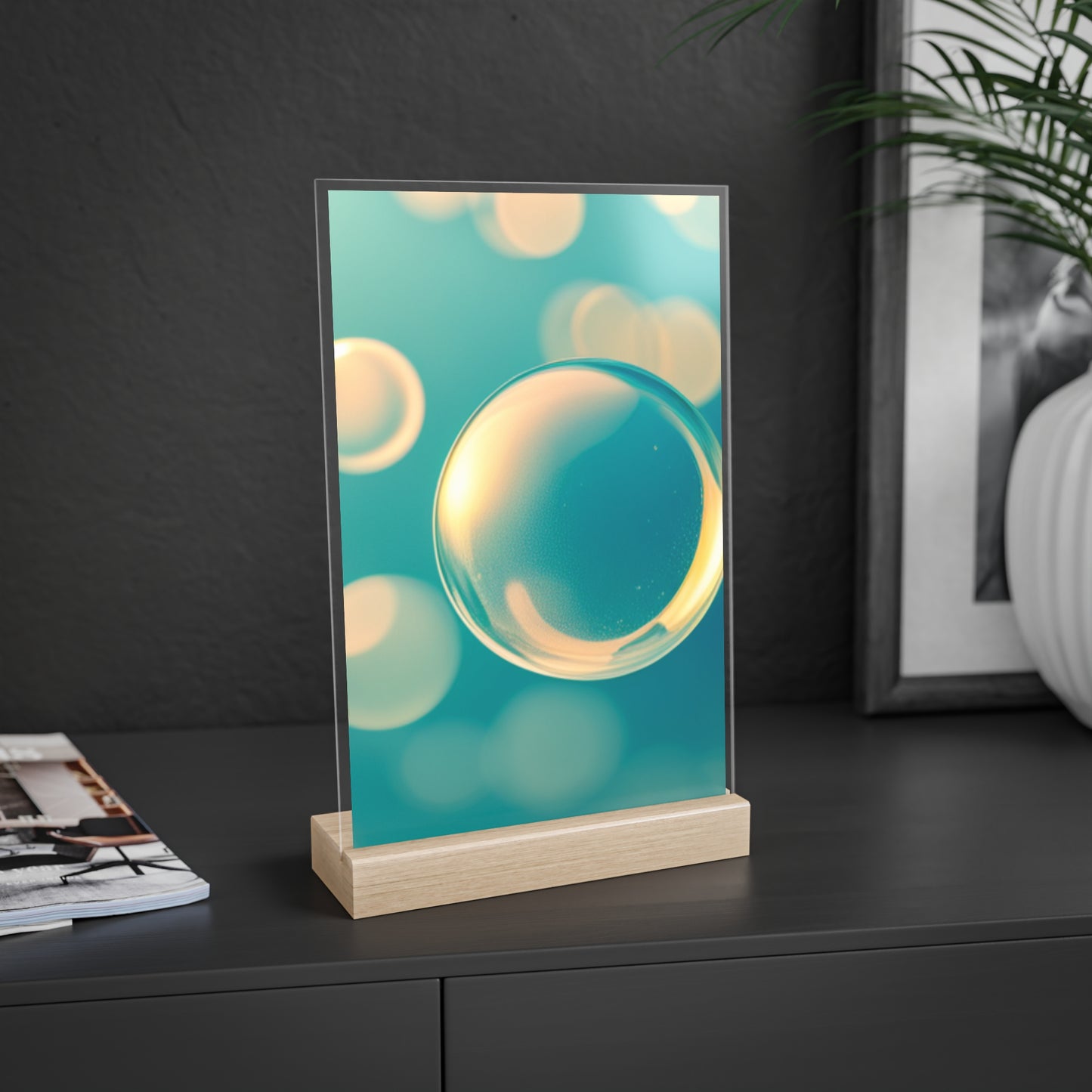 Acrylic Sign with Wooden Stand [Blue Bubbles]